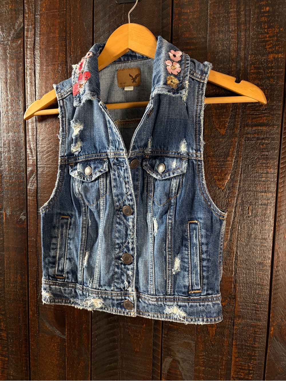 American Eagle Floral Embroidered Distressed Denim Vest XS